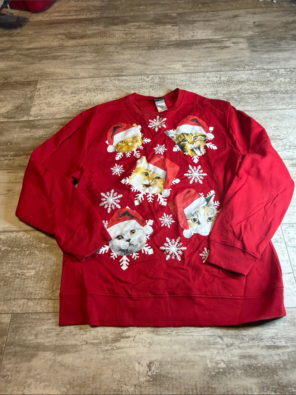 Fifth Sun Red Crewneck Sweatshirt with Santa Cat Faces